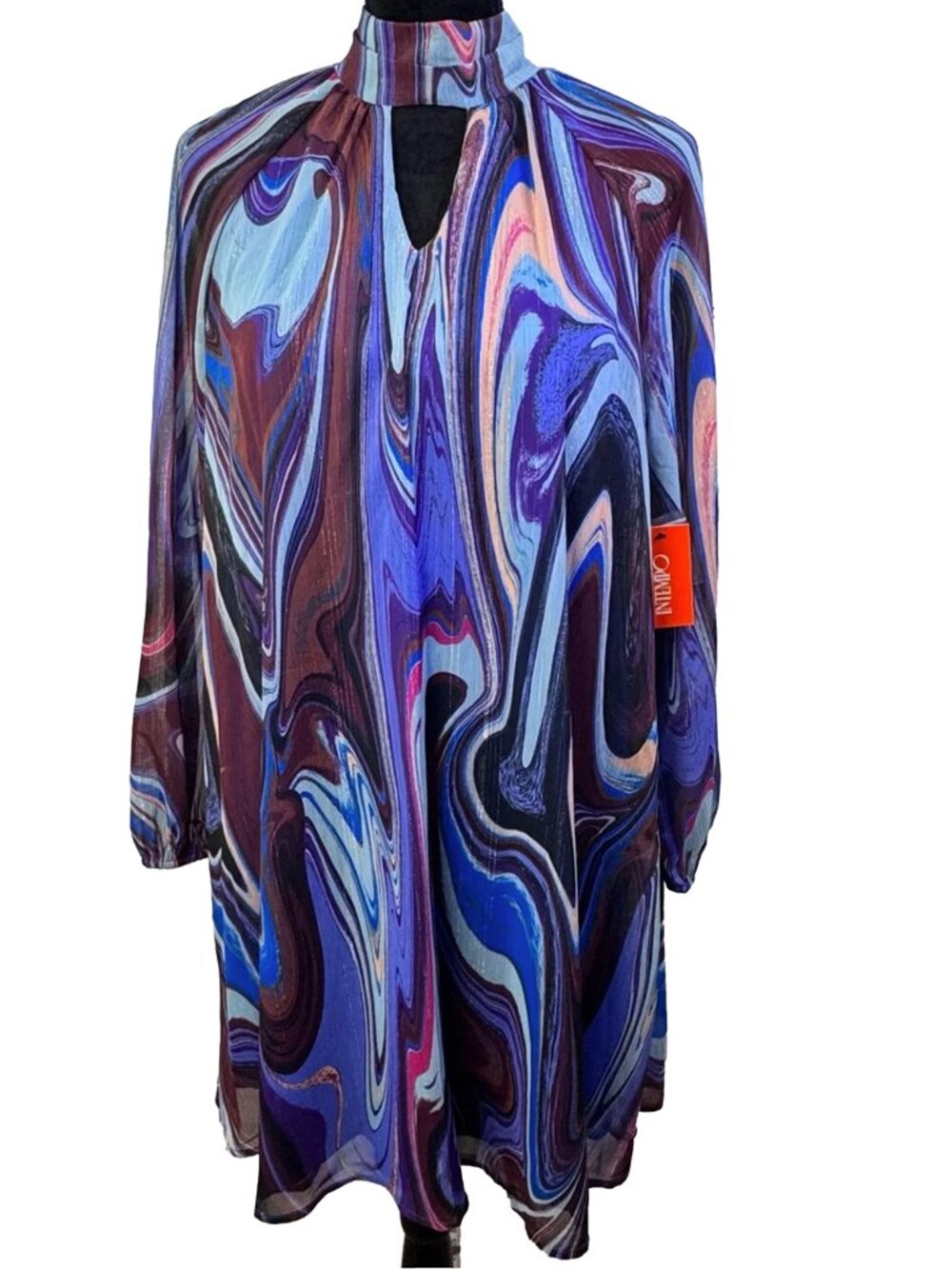 NWT InTempo Abstract Swirl Print Shimmer Dress Mock Neck Purple Blue Medium